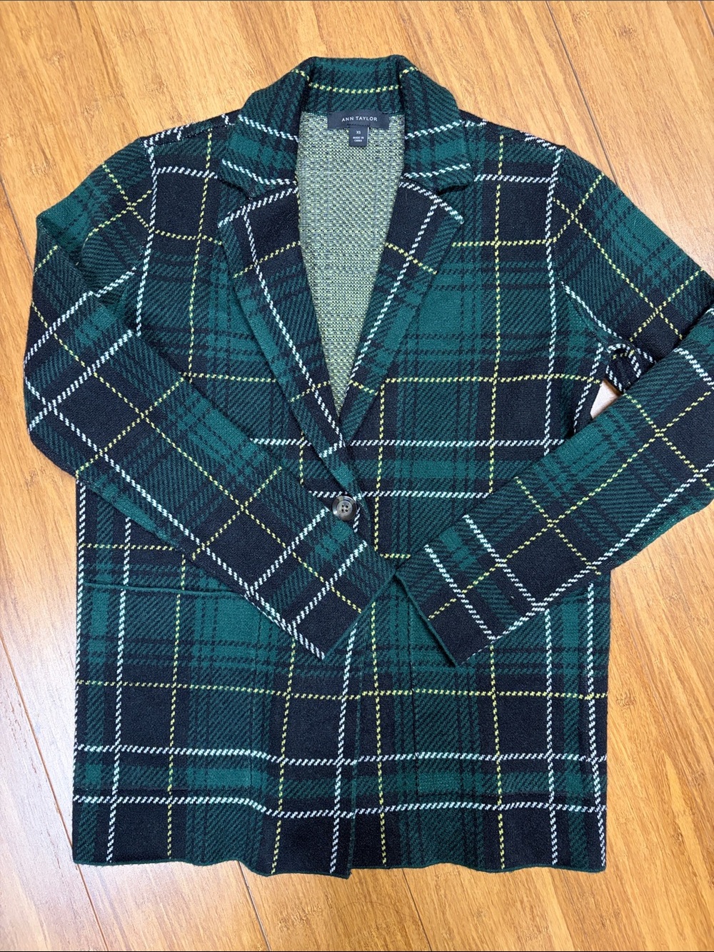 Ann Taylor Green and Black Plaid Knit Cotton Blend Sweater Blazer size XS